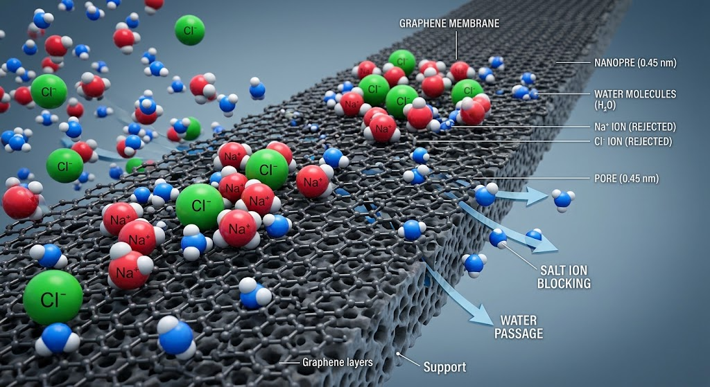 Graphene membrane molecular filtration visual from the original presentation
